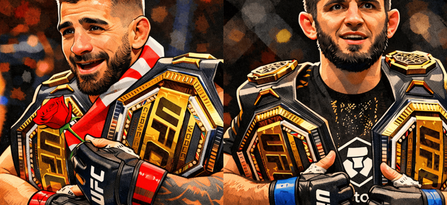 Islam Makhachev e Ilia Topuria intercambian ataques